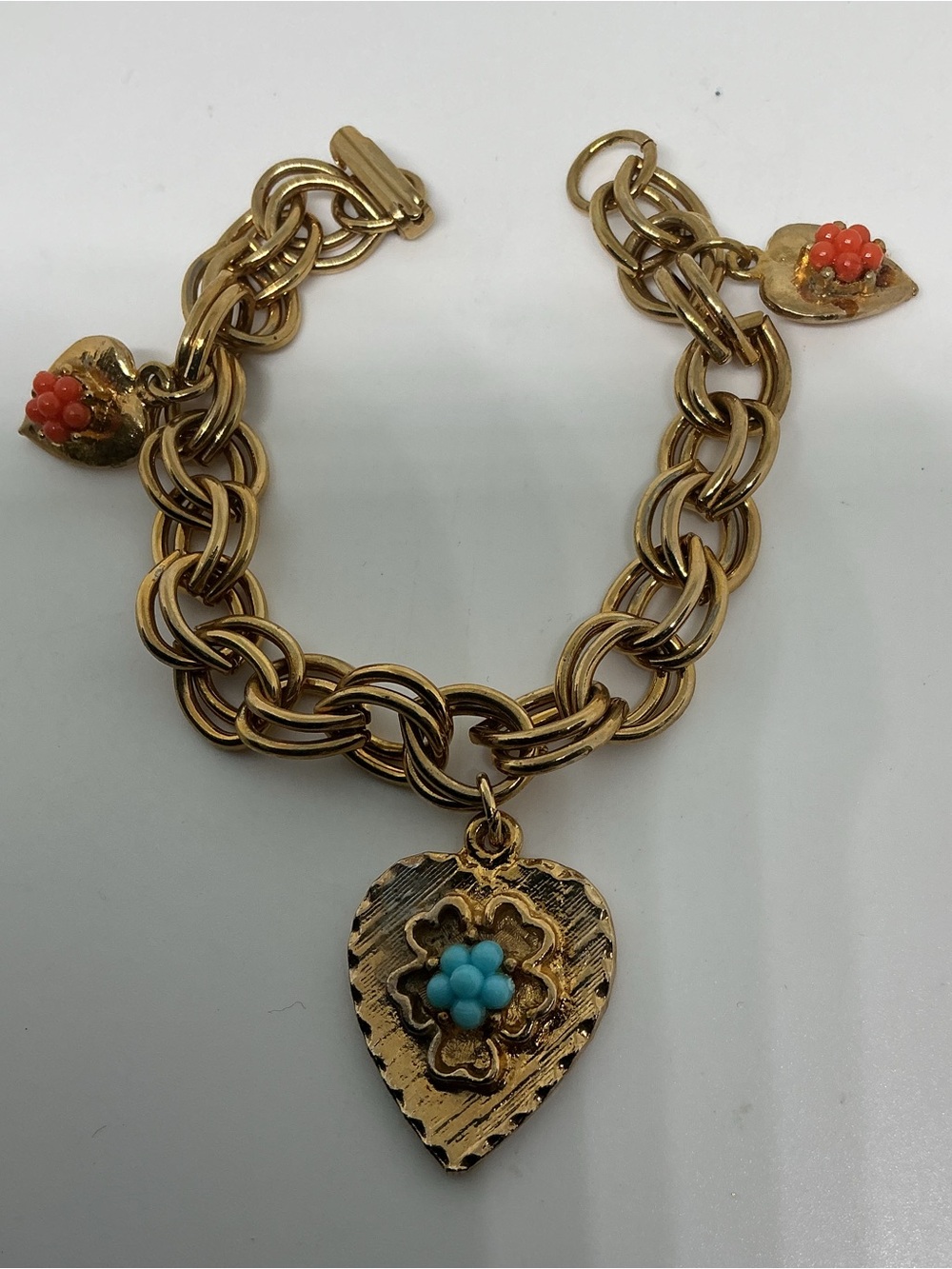 Vintage Gold Tone Heart Charm Bracelet